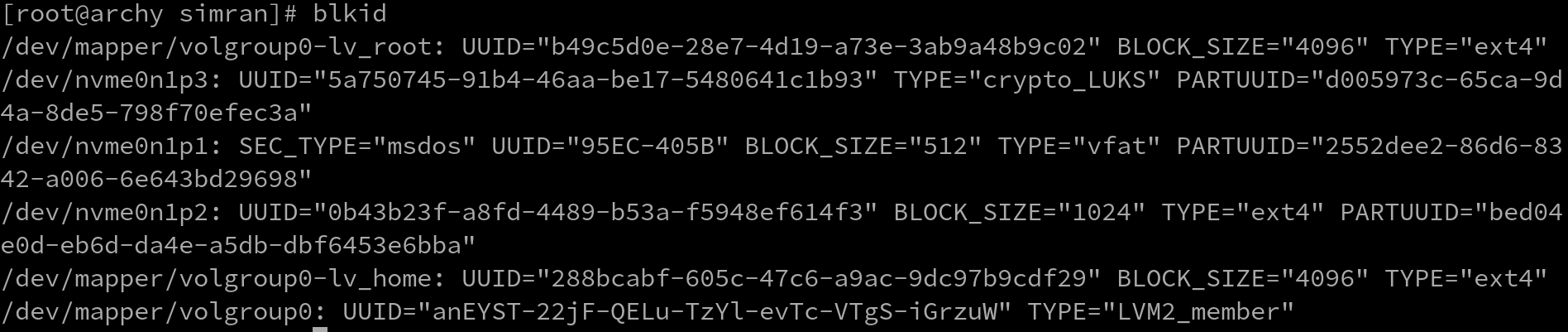 List of all the block devices in arch linux with their UUIDs - the output of blkid command.